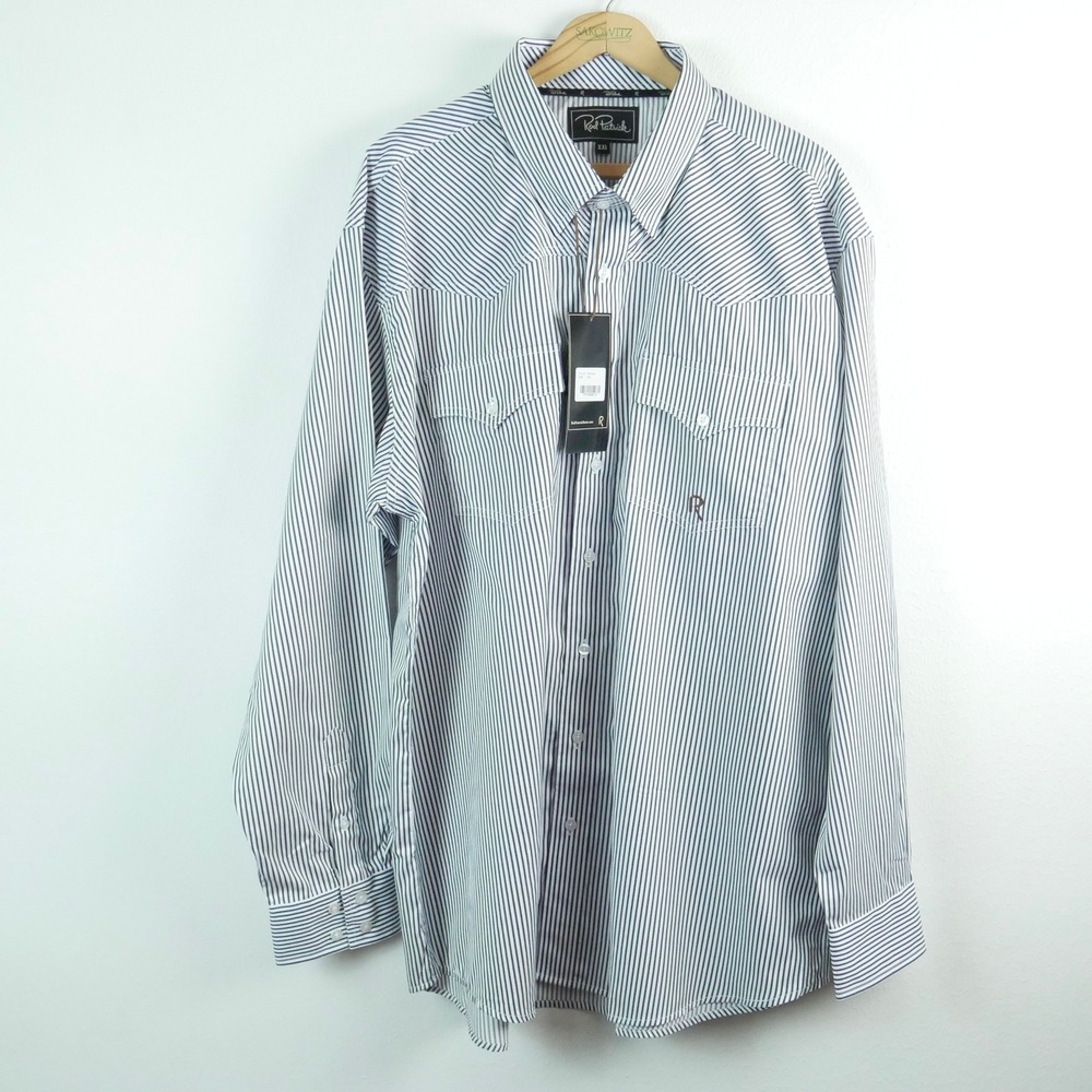 Rod Patrick Dress Shirt XXL Bengal Navy White Striped Western Embroidered NWT